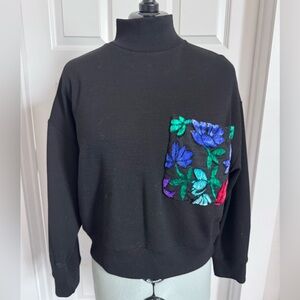 Black Mock Neck Sweatshirt with Embroidered Floral Pocket
